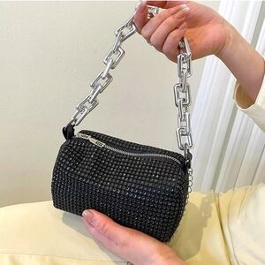 #R New Woman's Chain Rhinestone Mini Barrel Crossbody Purse Black Y2K Style